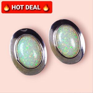 925 Sterling Silver Earrings White Fire Opal Post Stud Large October Birthstone